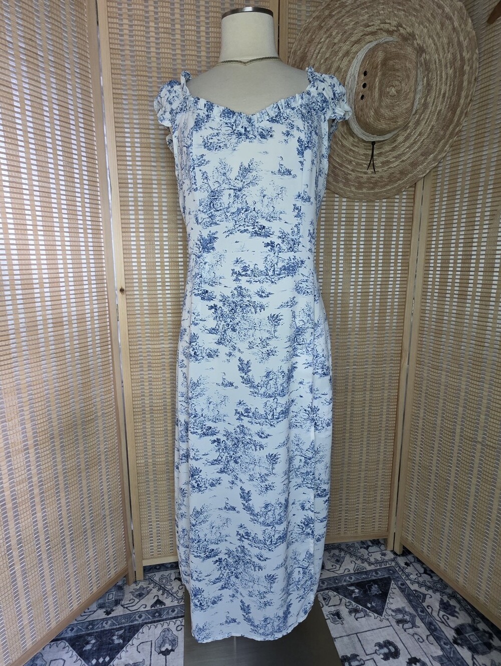 Blue White Toile Flowy Maxi Dress Ruffles Cottagecore , Size XL - Picture 3 of 9